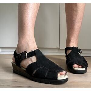 Vintage 90s Leather Hurrache Sandals Size 10 Comfort Suede Black
